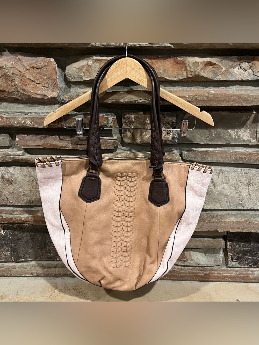 Oryany Lyssie Two-Tone Beige & Tan Leather Tote Bag
